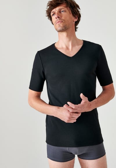 Damart - T-shirt met V-hals, korte mouwen en klassieke gebreide Thermolactyl-stof - Heren - Zwart - (94-101) M