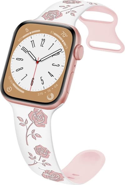 By Qubix - Geschikt voor Apple Watch bandje - Siliconen bandje met rozen - Wit / roze - Geschikt voor Apple Watch 44mm / 45mm / 46mm / 49mm (Ultra 1,2 en 3) - Smartwatch bandje