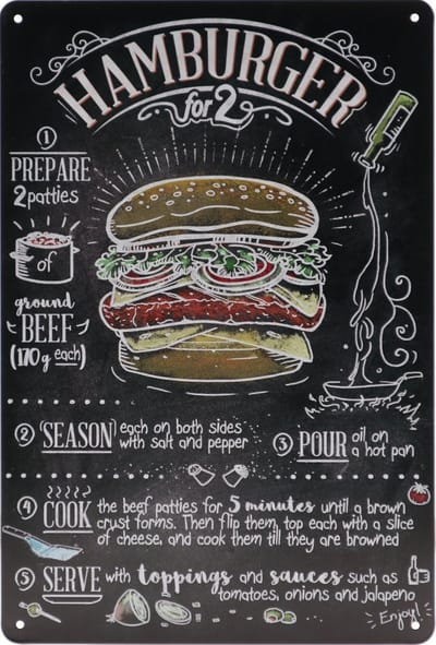 Wandbord – Hamburger - Retro -  Wanddecoratie – Reclame bord – Restaurant – Kroeg - Bar – Cafe - Horeca – Metal Sign – 20x30cm