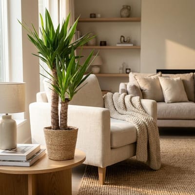 Green boutiQ - Kamerplant - Yucca (Palmlelie) - Yucca Elephantipes - Groen - Weinig onderhoud - 1 Plant - met Mand - Pot 21cm - Hoogte 80 - 95cm