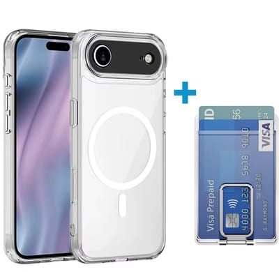 VOWLUX transparant hoesje en losse wallet pasjeshouder geschikt voor iPhone 17 Air – MagSafe compatible met 32 magneten – pasjeshouder voor 2 pasjes – zilveren kleur – telefoonstandaard hoes case