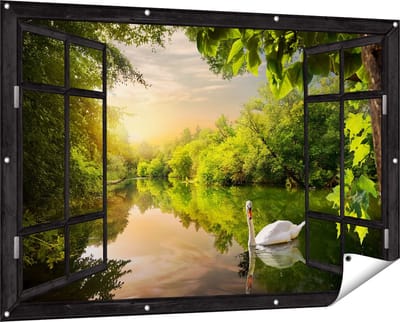 Gards Tuinposter Doorkijk Zwaan op het Water in het Bos - 150x100 cm - Tuindoek - Tuindecoratie - Wanddecoratie buiten - Tuinschilderij