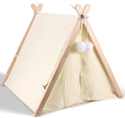 RosaBloom Houten Huisdierentent - Beige Tipi - 60x55x63 cm - Luxe Kattenhuis & Hondentent - Inclusief Speelballen - Huisdierenslapplek