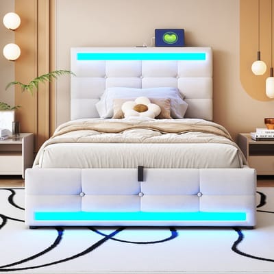 Komhtom Bekleed bed 90*200 Hydraulisch kinderbed met opbergruimte, USB en kleurveranderende LED-lichtstrip, eenpersoonsbed in beige linnen