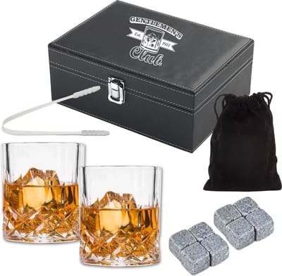 Whiskey glazen - Whiskey set – 2 glazen - 8 Whiskey Stones - Whiskey Gift Set - Cadeau voor Man - Cadeau voor Vrouw - Herbruikbare IJsblokjes