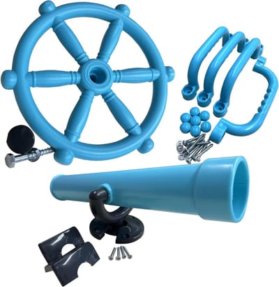 Speeltoren Accessoireset - Stuurwiel Verrekijker Handgrepen - Buiten Spelen - 4 Delige Avontuurset - 30 cm Diameter Stuur - Turquoise