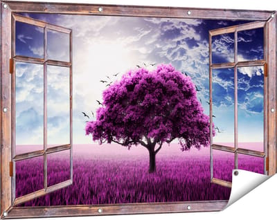 Gards Tuinposter Doorkijk Paarse Boom in het Paars Veld met Vogels - 120x80 cm - Tuindoek - Tuindecoratie - Wanddecoratie buiten - Tuinschilderij