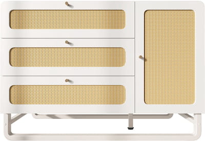 Kommode met Rieten Fronten, Landhuis Stijl, Witte Opbergkast 120x85x40 cm, 3 Laden & Deur met Verstelbare Planken, Gouden Handvatten, Kantelbeveiliging