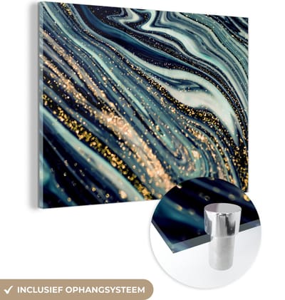 Glasschilderij marmer - Goud - Luxe - Marmerlook - Glitter - Glas schilderij - Glasplaat - Woonkamer - Kamerdecoratie - Foto op glas - 160x120 cm - Wanddecoratie glas - Schilderij glas