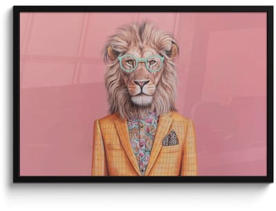 Poster in lijst - Fotolijst 90x60 cm - Posters - Leeuw - Pak - Geruit - Bril - Posterlijst zwart - Decoratie - Wanddecoratie woonkamer - Muurdecoratie slaapkamer