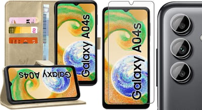 Hoesje geschikt voor Samsung Galaxy A04s / A13 5G - Screenprotector GlassGuard & Camera Lens Screen Protector - Book Case Kunstleer Pasjeshouder Goud