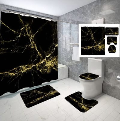 Luxe badkamer set- Set van 4 - Douchegordijn 180x180 - Badmatten set - Wc mat - Toiletbril hoes - Toiletmat - Badkamer mat 50x 80 - Zwart met goud - Antislip - Zacht - Kwaliteitsmat - Luxe design
