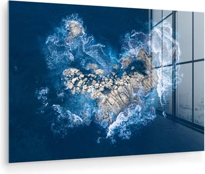 MuchoWow® Glasschilderij 150x100 cm - Schilderij acrylglas - Golven - Stenen - Hart - Foto op glas - Muurdecoratie woonkamer - Wanddecoratie slaapkamer - Schilderijen