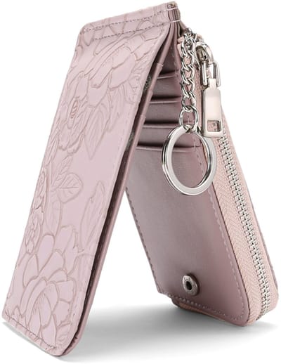 KZQ Dunne Bifold Creditcardhouder Voor Dames Van Pu Leer - Rfid Blokkerend Met Rits Voor Munten En Id Venster - Bloemenprint In Paars