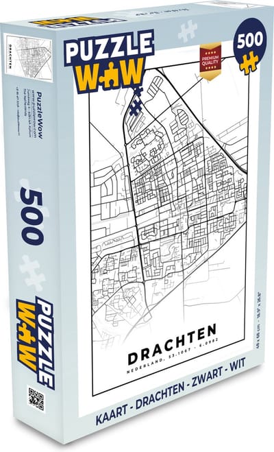 Puzzel Kaart - Drachten - Zwart - Wit - Legpuzzel - Puzzel 500 stukjes