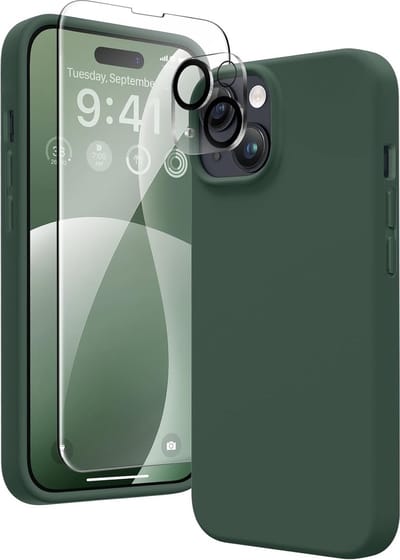 Stravo Siliconen Hoesje geschikt voor iPhone 15 , Groen, Met 1X Screenprotector + 1X Cameralensbeschermer, [Zachte Krasbestendige Microvezelvoering], Vloeibare Siliconen Schokbestendige Beschermende Telefoonhoes 6.1"