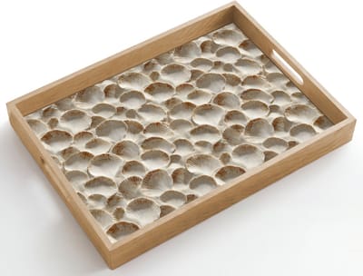 Dienblad hout 50x35 cm - Schootdienblad - Schelpen - Waaiervorm - Wit - Borrelplank rechthoek - Plateau dienbladen