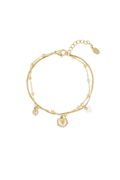Goudlief Dubbele armband met hart bedel - Roestvrij staal - Verkleurt niet - Cadeau - Goudlief.nl - Goudkleur