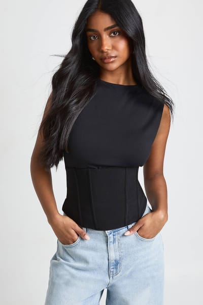 boohoo Dames Bengaline Bodysuit Met Aangegroeid Halsgedeelte En Corset Detail Met Vetersluiting Op De Rug | Zwart | Maat: 36