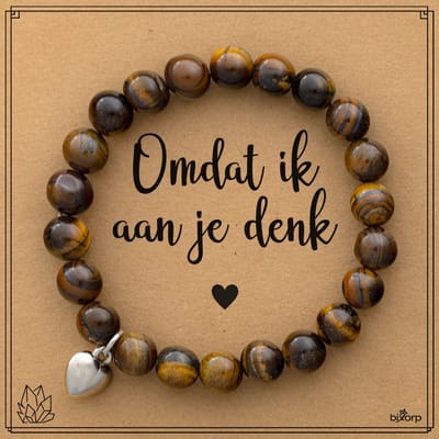Bixorp Tijgeroog Armband op Cadeau Kaartje - Omdat ik aan je denk - 8mm / 17cm Edelsteen Kralenarmband - Met hartje Hanger - Inclusief Cadeau Envelop