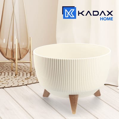 Kadax Bloempot, van kunststof, met drie insteeksteunen, rond, bloemenschaal, plantenbak, bloembak, voor balkon, woonkamer, 29 cm diameter, crème