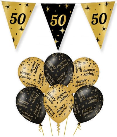 50 jaar verjaardag versiering pakket zwart/goud vlaggetjes/ballonnen
