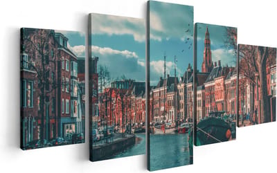 Artaza Canvas Schilderij Vijfluik Gracht in Groningen - 100x50 cm - Wanddecoratie Woonkamer - Schilderijen - Muurdecoratie