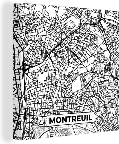 Canvas Schilderij Stadskaart - Plattegrond - Montreuil - Kaart - Frankrijk - Zwart wit - 20x20 cm - Wanddecoratie