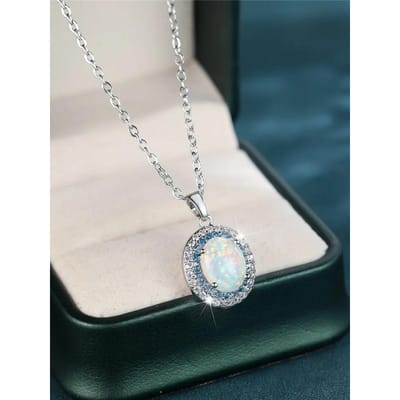 Collier Pendentif Pierre Ovale Opale Cristal Blanc pour Femme Couleur Argent Vieilli Bijoux de Mariage pour Femmes gray