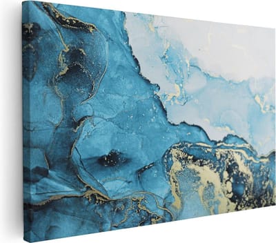 Artaza Canvas Schilderij Abstract - 90x60 cm - Wanddecoratie Marmer Blauw - Muurdecoratie Goud - Schilderijen Op Canvas
