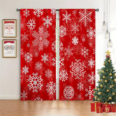 Kerst Sneeuwscène Gordijnen Winter Vakantie Raamgordijnen 2 Panelen Vrolijk Kerstfeest Woonkamer Slaapkamer Huisdecoratie 50W60H(CM)X2PCS&Rod Pocket red