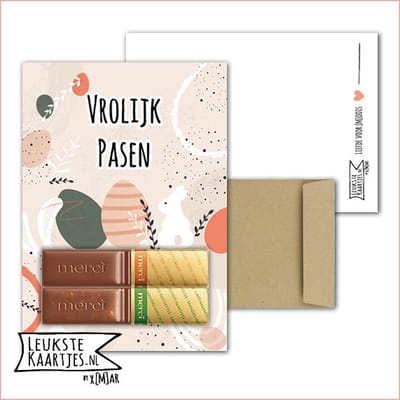 Kaartkadootje -> Merci Chocolade reepjes - No:05 (Vrolijk Pasen - Paashaas en eieren streep) - LeuksteKaartjes.nl by xMar