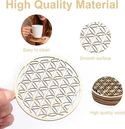 Houten onderzetters set van 10 - rond handgemaakt - met spiritueel bloem des levens motief - decoratief voor kopjes - ShopVlot