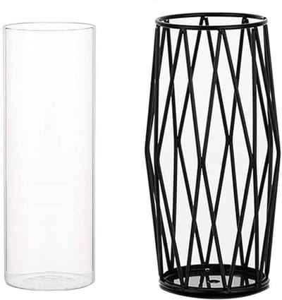 Cilindervormige Glazen Vaasje met Metalen Houder voor Pampasgras en Bloemen, Scandinavische Decoratie voor Bruiloften en Interieur, 28 cm Hoog, Zwart, Trendy en Modern Design