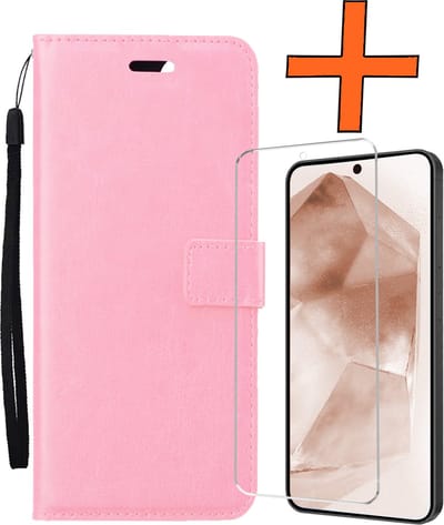 Hoes - Met Screenprotector - Geschikt voor Samsung Galaxy A55 - Luxe Pasjeshouder - Bookcase Portemonee - Flip Case - Kunstleer Book Case - Flipcase - Book Cover - Walletcase - PortemonneeHoes - Lichtroze