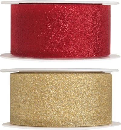 2x Hobby/decoratie rood en gouden sierlinten met glitters 3 cm/30 mm x 5 meter