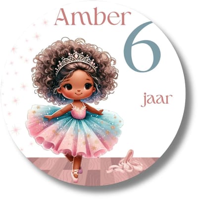Gepersonaliseerde Ballerina Stickers | Donkere Huidskleur | Naam En Leeftijd Verjaarag Meisje | 20 Stuks