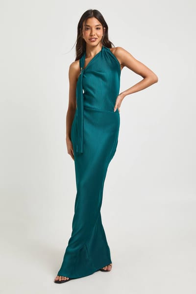 boohoo Dames Plisse Halter Detail Kolom Maxi Jurk | Teal | Maat: 8