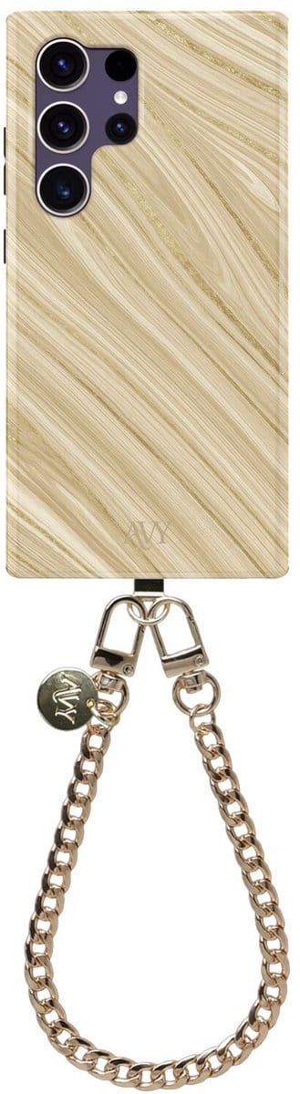 AVY Hoesje Met Telefoonkoord | Geschikt voor Samsung Galaxy S24 Ultra | Compatibel met MagSafe | Hard Shell Back Cover | Stijlvol Bijpassend Koord 30CM | Aurum Lien | Goud