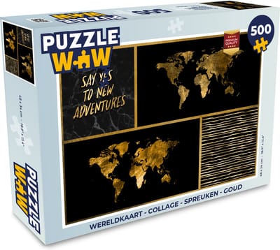 Puzzel Wereldkaart - Collage - Spreuken - Goud - Legpuzzel - Puzzel 500 stukjes
