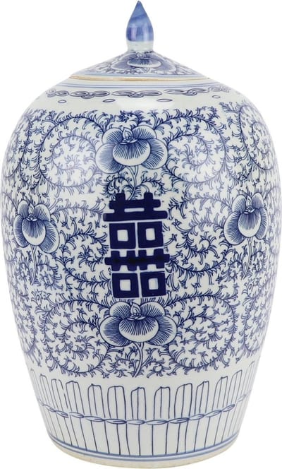 Fine Asianliving Chinese Gemberpot Blauw Wit Dubbele Blijdschap Porselein D22xH35cm