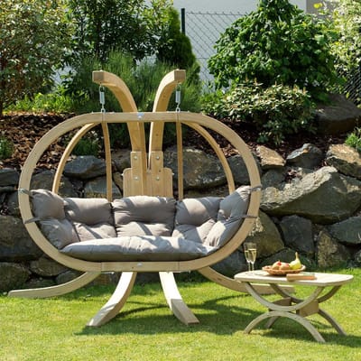 Amazonas Globo Chair Royal 2 persoons - Taupe gekleurde kussens + Luxe Houten Standaard
