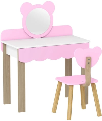2-in-1 Kinderkaptafelset - Kinderkaptafel - met Kruk, Make-uptafel, Make-upspiegel, Berenvorm, Lade - voor Meisjes - vanaf 3 Jaar - Roze