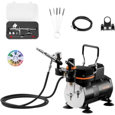VEVOR Airbrush Set 1/6 HP met luchtcompressor en tank, 1 Dual Action Airbrush-pistool met 3 spuitmonden (0,2/0,3/0,5 mm) & slang & beugel & reinigingsset, voor taartdecoratie, modelschilderen en nail art