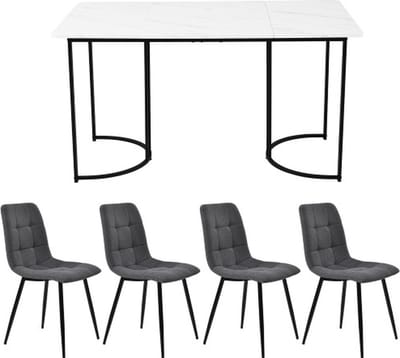 Gotagee Eetset (5-delig) Eettafel met 4 stoelen set Donkergrijs Linnen Eetkamerstoelen Keukentafelset met zwarte metalen poten MDF tafelblad in wit
