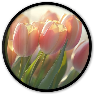 Poster in lijst Rond - Fotolijst 40x40 cm - Posters - Tulpen - Roze - Zonnestralen - Ronde posterlijst zwart - Decoratie - Wanddecoratie woonkamer - Muurdecoratie slaapkamer