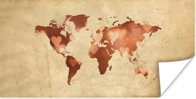 Wereldkaart Muur - Wereldkaart - Brons - Harten - 40x20 cm - Poster