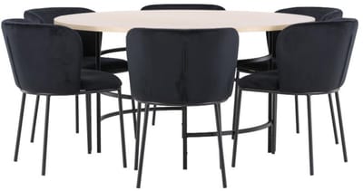 Copenhagen eethoek tafel Ø140cm en 6 stoelen whitewash, zwart.