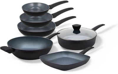 BE Living Pannenset 6-delig - Ø 20, 24 & 28 cm Koekenpannenset + Ø 32 cm Wokpan + Ø 28 cm Hapjespan met deksel + Ø 28 cm Grillpan - Keramisch - Inductie Pannen - PFAS Vrij Anti Aanbak - Delight Series