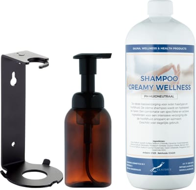 Zeepdispenser 300 ml amber bruin hervulbaar + 1 liter Shampoo Creamy Wellness navulling (inclusief beugel)